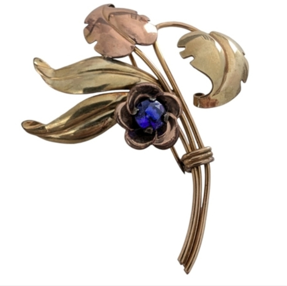 HARRY ISKIN Vintage Sapphire Brooch 1940 12K Gold Filled Floral Bouquet Pin - Picture 2 of 8